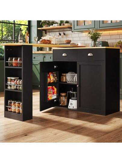 360° Rotating Dining Table, Modern, Multifunctional Storage, Bedroom, Living Room, Sideboard Cabinet Drawers, Doors, Side Shelves, Zwart view 3