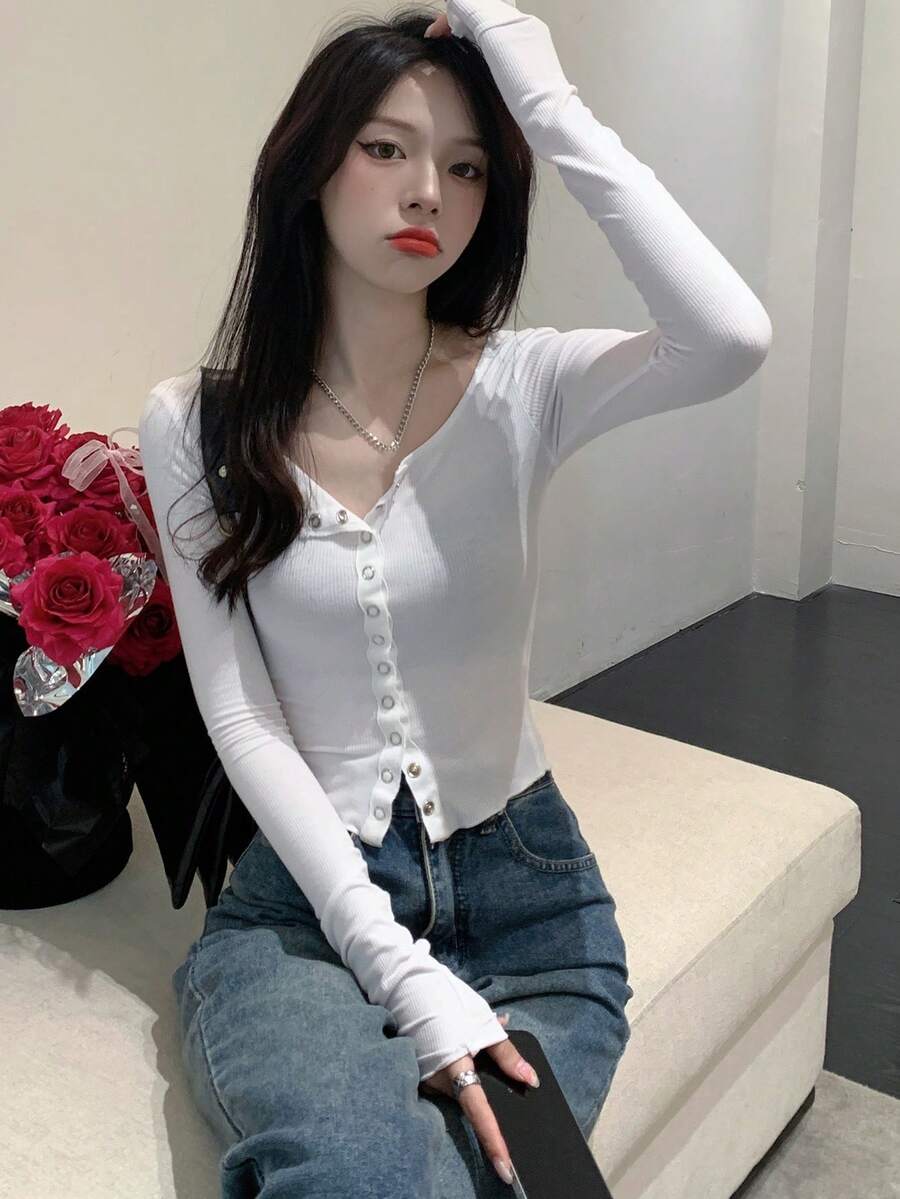 Women's Solid Color Casual Versatile Cuffed Cardigan Long Sleeve T-Shirt White Spring - White - View 1