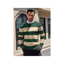 Men's Crew Neck Sweater Slim Fit Lightweight Sweatshirts Knitted Pullover For Casual Or Dressy Wear - 綠色/杏色條紋 - 查看 4