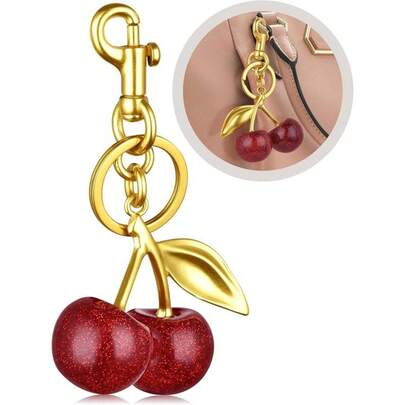 Cherry Keychain,Bright Cherry Bag Charms,With Keychain And Clip-Glittering Resin&Metal Accents,Fit For Bags&Wallets