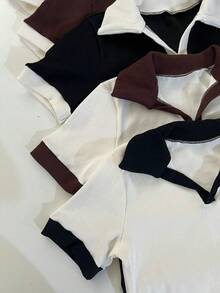 Women's Two-Tone Polo Shirt, Short Sleeve, Ribbed Cotton, Simple, Casual, Knit, Everyday Wear - 藍色 BB 露領 - 查看 3