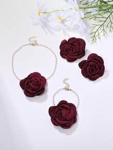 1 套耳环 + 1 条项链 + 1 条手链，法式复古优雅玫瑰花仿珍珠项链、手链、耳环首饰套装，适合女性日常、宴会、婚礼、伴娘、派对穿着，四季皆宜，节日礼物 - 首飾套裝 - 查看 6