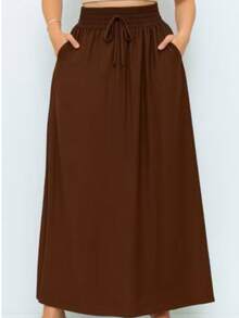 Women's Long Viscolinho Skirt With Pockets And Side Slit, Evangelical Fashion, Lined, Casual Fashion, High Waist - 咖啡棕 - 查看 1