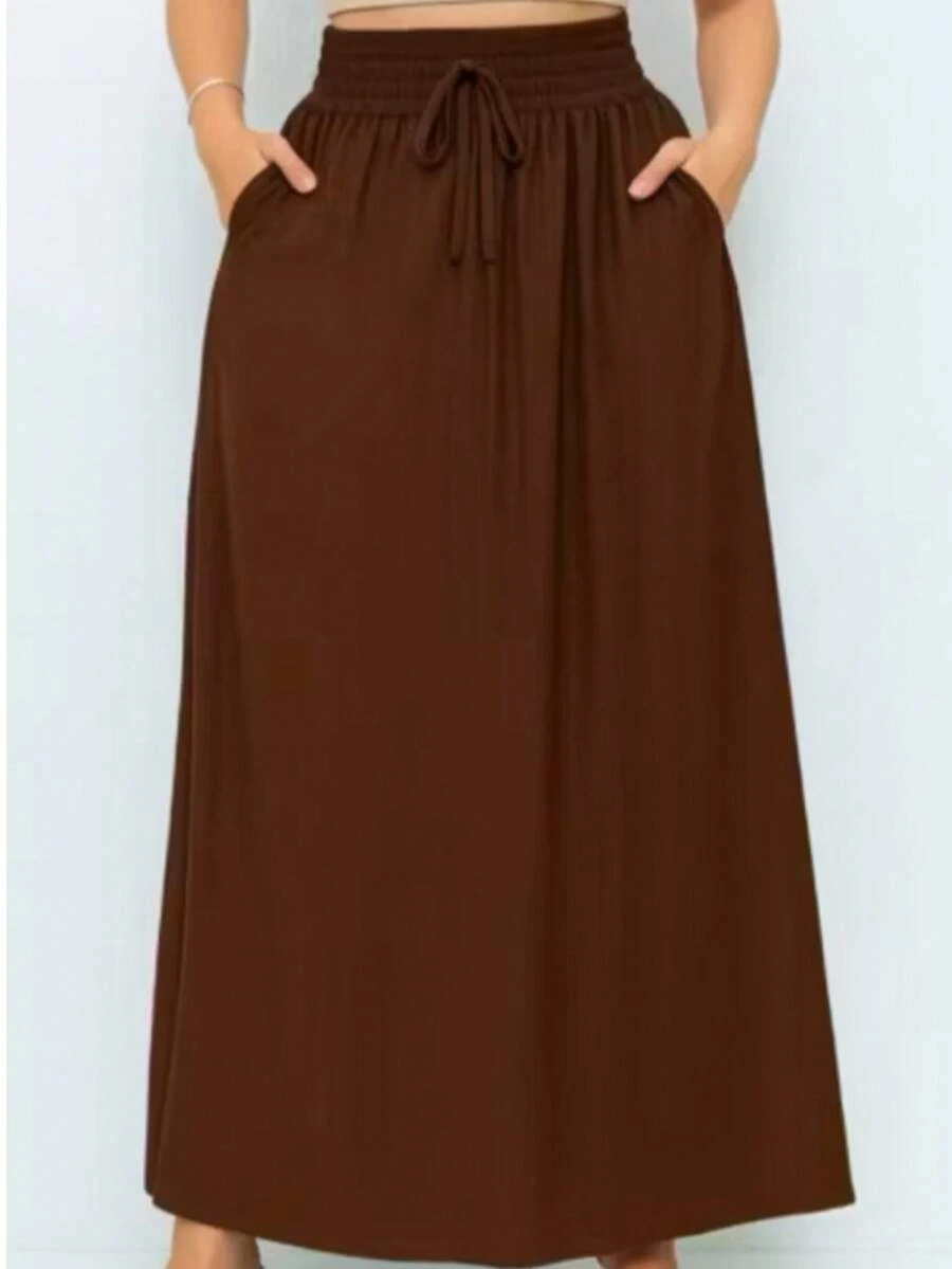 Women's Long Viscolinho Skirt With Pockets And Side Slit, Evangelical Fashion, Lined, Casual Fashion, High Waist - 咖啡棕 - 查看 1