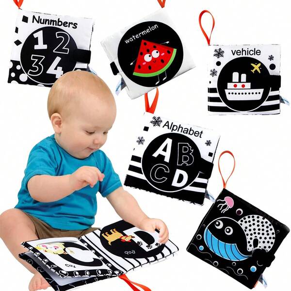 Livros de Pano Macios Livros de Bebê Livros de Pano para Bebês, Recém-Nascidos, Crianças Pequenas, Alto Contraste Preto e Branco Amassável Lavável Educação Precoce Presente