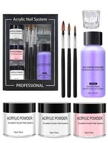 亚克力粉美甲套装，亚克力粉和液体套装，水晶液体套装配闪粉3D美甲刷，粉白透明美甲粉套装，适合初学者在家DIY，配有亚克力美甲刷。美甲 - 白色 - 查看 6
