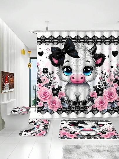 Schwarze Schleife Kuh-Muster Duschvorhang Set, 4-teiliges Badezimmer Set mit Toilettendeckel, waschbarer Polyestervorhang mit 12 Haken, Tiermotiv Rindermuster, maschinenwaschbar gewebter Stoff. Weihnachtsdekoration