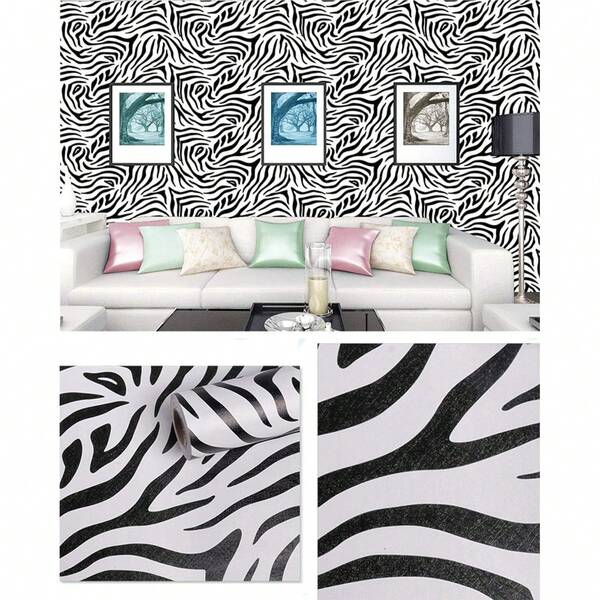 1 Roll Of Self-Adhesive Vinyl White And Black Zebra Print Wallpaper With Dimensions Of 17.7inX39.3/118.1/196.8in Waterproof Suitable For Bookshelves Shirt Cabinets Drawers Cabinets Tables Furniture Wall Decorations Removable