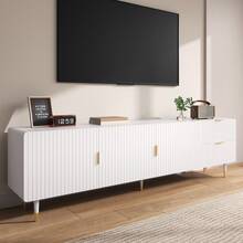 Meuble TV avec tiroirs et touches dorées – Meuble TV avec pieds réglables, portes avec étagères et poignées/pieds dorés