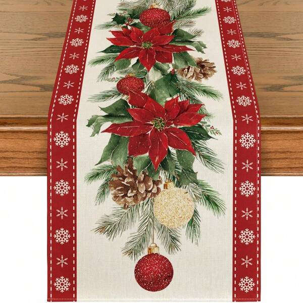 1 Stück Weihnachtskugel + Weihnachtsblume + Tannenzweig Muster Tischläufer, Polyester bedruckter Weihnachtsdekor für Wohnzimmer, Kaffeetisch, Esszimmer, Eingangsbereich