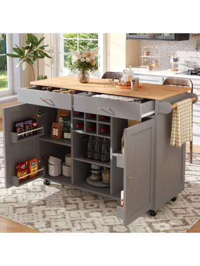 Moderne Kitchen Isl (102*45*92cm), Cabinet, Buffet Dining Cart Wood Grain, Multifunctional Tafel Storage Space, Grijs