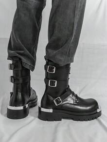 男士厚底德比靴，朋克风格系带金属孔眼户外休闲靴，三扣设计高帮登山靴 - 黑色 - 查看 8