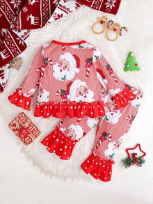 2pcs/Set Baby Girls Casual Christmas Santa Claus Polka Dot & Striped Pattern Soft Comfortable Flare Sleeve T-Shirt And Flare Pants Set - Red - View 2