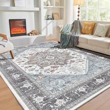 Soft Neutral Area Rugs 5x7, Washable Rug With Non Slip Backing, 5 X 7 Faux Cashmere Low-Pile Carpet, Cream White & Blue & Light Brown,  2025 Design - 灰色和黃色 - 查看 9
