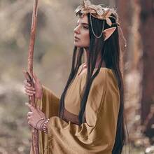 Coume Women Renaissance Costume Traditional Irish Dress Fairy Medieval Ears For Halloween Cosplay Party(Small,Khaki, Dark Khaki){"Color_name":"Khaki","Size_name":"DarkKhaki"} - 卡其色 - 查看 6