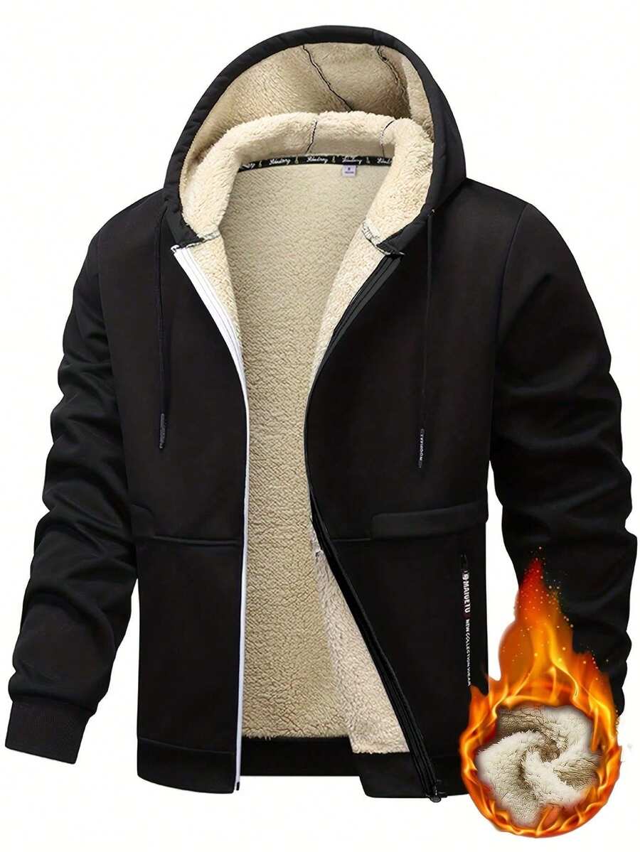 A Men's Casual Polyester Hooded Jacket With Long Sleeves, Low Elasticity, Open Hem, Zipper Closure, Regular Style, Autumn And Winter Coat, Thick Version