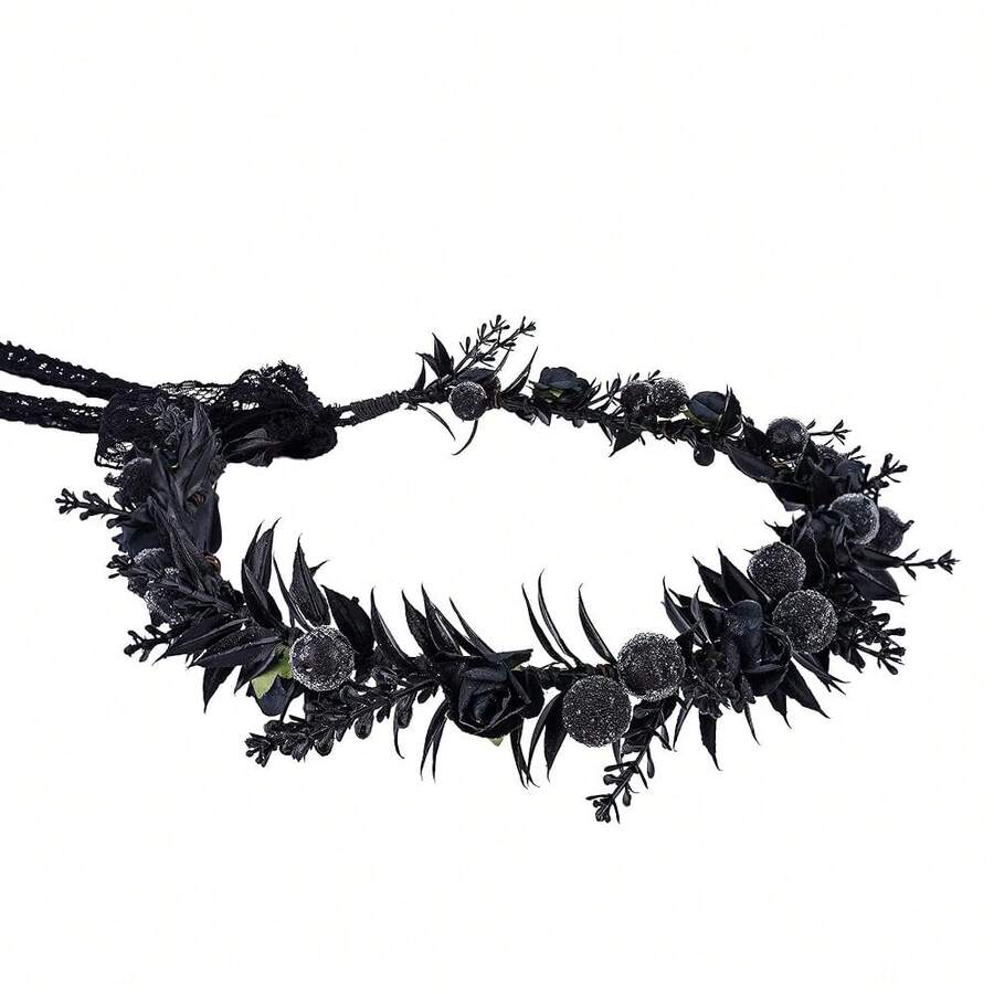 MOSTORY Black Fairy Flower Crown - Gothic Flower Headpiece Dark Fairy Circlet Elf Circlet Medieval Accessory For Renaissance Renfaire Halloween Cosplay Fantasy Photo Shoot{"Color_name":"Black"} - Black - View 1