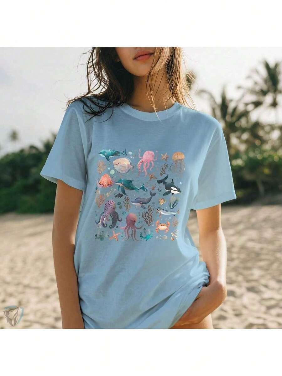 Colorful Ocean Print T-Shirt | Creative Urban Fashion - Baby Blue - View 1