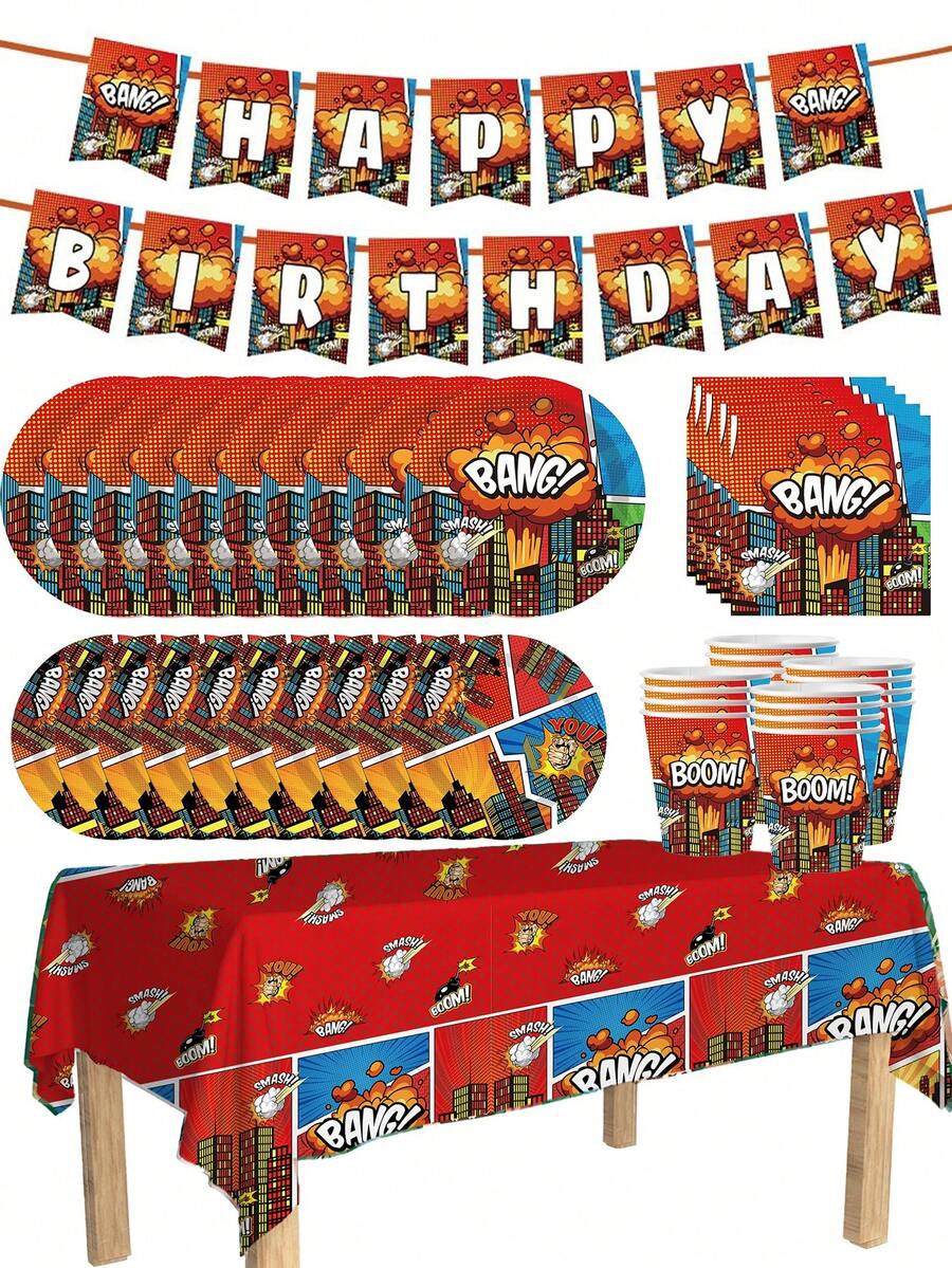 80/10 Sets, Suministros para fiestas con temática de dibujos animados, platos desechables, platos de papel. Incluye platos de 7 pulgadas, platos de 9 pulgadas, vasos de papel, pancartas, manteles desechables y juegos de pañuelos. Adecuado para 10-80 personas, suministros para picnics, fiestas de cumpleaños, campamentos, decoración y actividades de celebración. Regalos para fiestas, despedidas de soltera, decoraciones de restaurantes, utensilios de cocina, clubes, bomberos, Boom, Bang