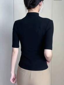Women's High Stretch Cotton Rib Knit T-Shirt, Turtleneck, Regular Three-Quarter Length Sleeves, Comfortable Regular Fit Top - 黑色 - 查看 4