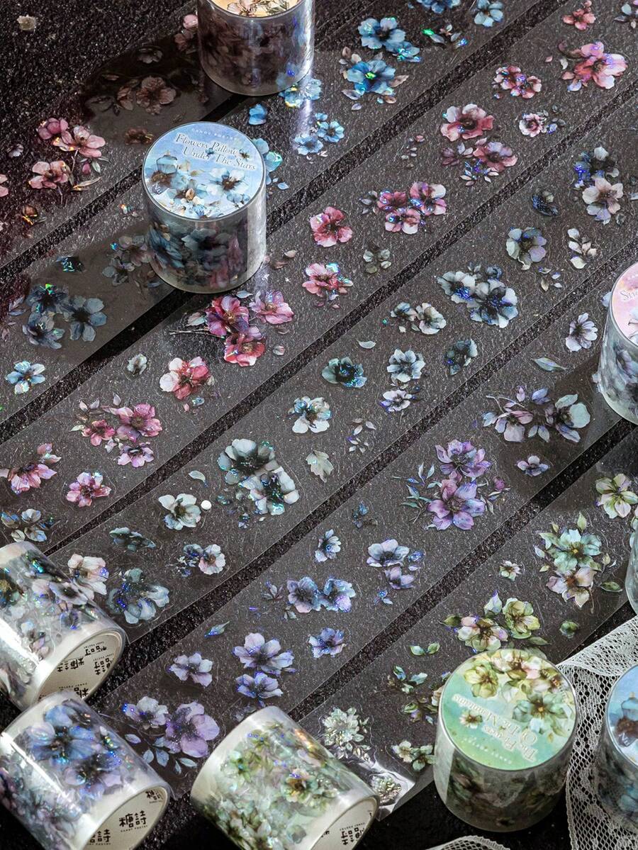 1 rolă bandă adezivă cu cerneală albă, decupată cu matriță PET, autocolante DIY pentru scrapbooking floral vintage, potrivite pentru cadouri, birou, casă, marcare, etichete, clasă, jucării, planificator pentru studenți, autocolante decorative vintage creative