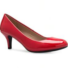 Women's Comfort Classic Round Toe Kitten Low Mid Heel Dress Pumps Wear-Resistant Skirt-Matching Elegant Formal Shoes - 紅色漆皮 - 查看 7