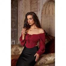 Vintage Corset Tops For Women Renaissance Blouse Off Shoulder Long Sleeve Top{"Color_name":"Red","Size_name":"XX-Large"} - Màu đỏ - Xem 3