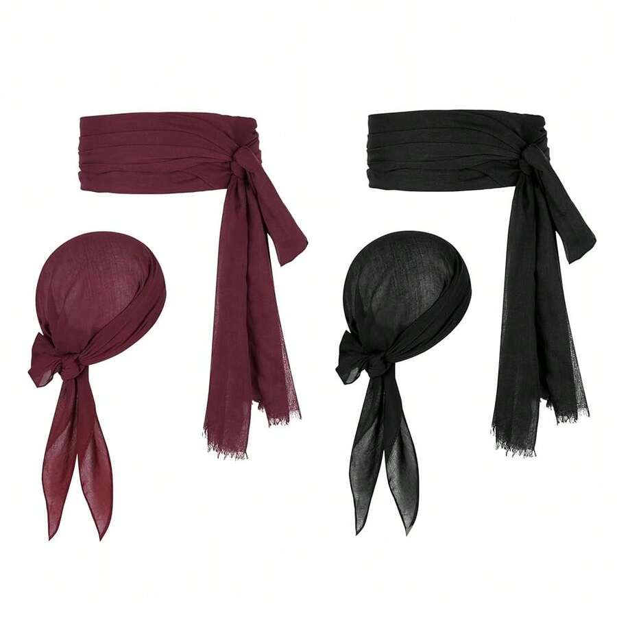 Zando Pirate Accessories Women Men Teens - Pirate Bandana Head Scarf Hat Belt Sash For Halloween Renaissance Themed Cosplay{"Size_name":"OneSize","Color_name":"02WineRed&Black"} - 02酒紅色&黑色 - 查看 1