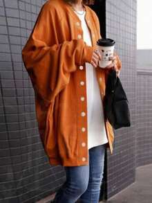 Plus Size Knit Long Sleeve Shirt-Style Cardigan, Button Front, Regular Length, For Women, Slightly Stretchy Fabric - Orange - View 4