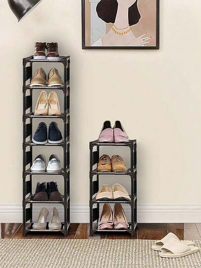 1PC Adjustable Narrow Shoe Rack Organizer, Sturdy Steel Frame, 4/5/6/7/8 Tier, Easy Assembly, Space-Saving Closet Entryway Hallway Balcony Storage For Shoes, Boots, Sneakers, Clear Front Design, Durable Wobble-Free Corner Shelf For Small Apartments, Maximized Vertical Capacity, Modern Decor Compatible, Anti-Slip Pads, Removable Shelves, Feet Levelers, Easy Front Access, Perfect For Narrow Closets And Hallways