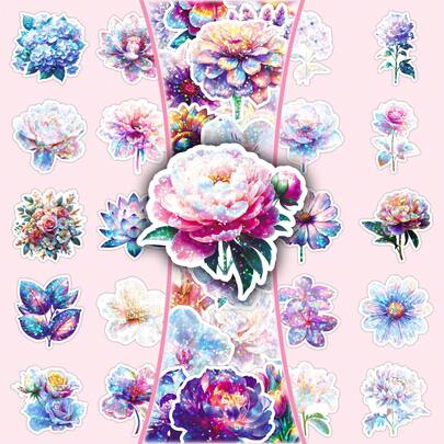 50 adesivos holográficos coloridos de flores, decalques decorativos de desenhos animados de lótus e tulipa para garrafas de água, janelas, malas