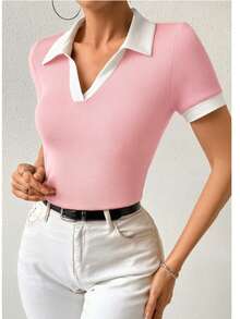 Women's Two-Tone Polo Shirt, Short Sleeve, Ribbed Cotton, Simple, Casual, Knit, Everyday Wear - 粉紅色 BB 露領 - 查看 2