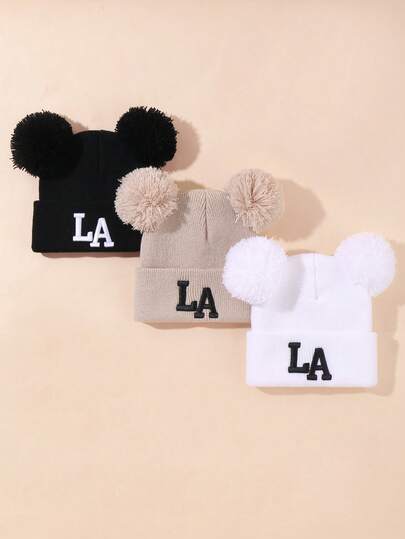 Conjunto de 3 peças de gorros de malha quentes de outono e inverno de cor sólida para crianças em Los Angeles, com design bordado de LA, adequado para crianças se manterem aquecidas