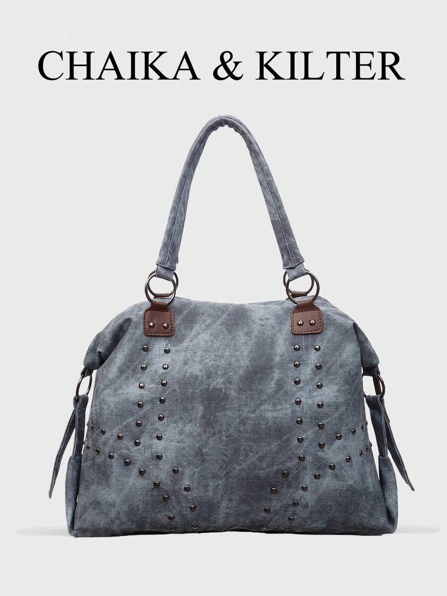CHAIKA & KILTER 1 chiếc Túi đeo vai bằng vải PU trơn màu, Túi tote cổ điển thường ngày cho nữ, Túi đựng sách cho sinh viên đại học, Trang trí bằng đường khâu và đinh tán, Thiết kế quai xách đôi, Khóa kéo, Thích hợp cho việc mua sắm hàng ngày