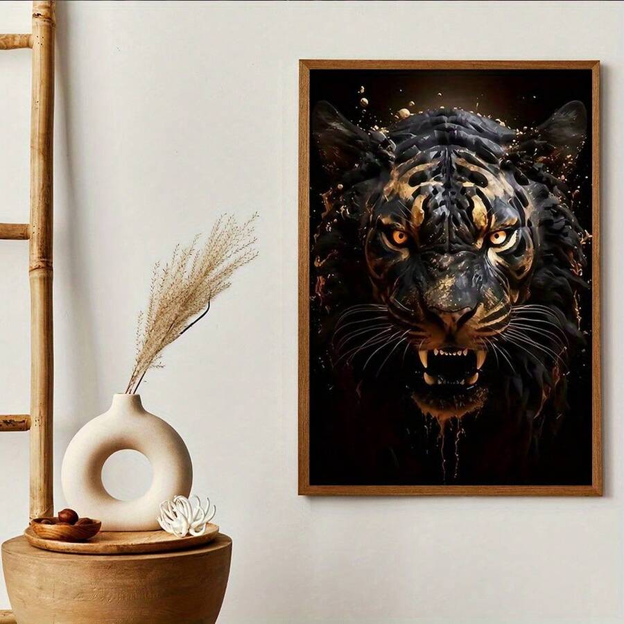 1 Stück, Gerahmte goldene Böser Tiger Leinwandkunst, moderne Wanddekoration für Wohnzimmer, Schlafzimmer