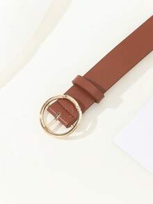 1pc Women's Belt Geometric Round Buckle Minimalist Versatile PU Material Casual Style Design Handmade Luxury Fashion Simple Versatile Clothing Accessory For T-Shirt/Dress/Shorts Medium Waist Belt Suitable For All Seasons Daily Commute Holiday Campus Gift Outfit - Coffee - View 3