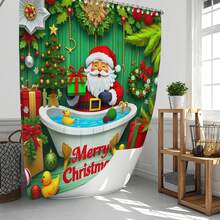 1pc/4pcs Green Christmas Shower Curtain Set: Santa Claus Bathtub Gift Theme, Elegant Housewarming Shower Curtain Gift, Modern Home Bathroom Decor Curtain, Shower Curtain With 12 Hooks, Non-Slip Bath Mat, U-Shaped Toilet Mat, Toilet Lid Cover, Bathroom Decor Set