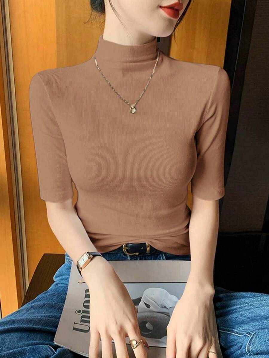 Women's High Stretch Cotton Rib Knit T-Shirt With Turtleneck And Three-Quarter Sleeves For Everyday Wear - 卡其色 - 查看 1