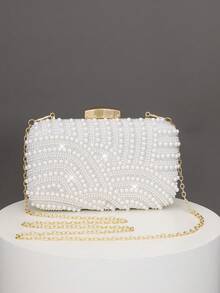 Túi cầm tay hình hộp họa tiết ngọc trai thanh lịch dành cho nữ, túi xách dạ hội, túi xách cưới lãng mạn, túi đựng váy dạ hội quyến rũ/tinh tế, ví hình hộp màu trắng sáng bóng, kèm dây đeo kim loại, lý tưởng làm quà tặng ngày lễ - trắng - Xem 4