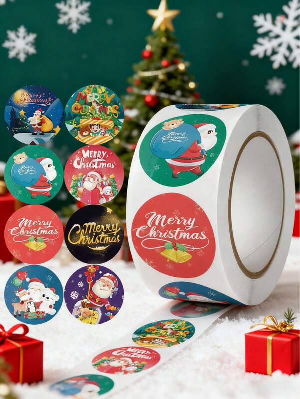 500 Stück Fröhliche Weihnachts Aufkleber - Weihnachtsthemen Etiketten Aufkleber, selbstklebend für DIY Geschenke, Backen, Verpackung, Umschläge, isolierte Becher, Bürobedarf und Dekoration