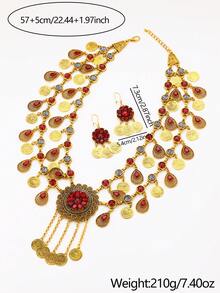 3pcs/Set 18K Gold Tassel Necklace, Earrings & Coin Jewelry Set, Multilayer Luxury Bridal Jewelry Gift Set For Wedding Party