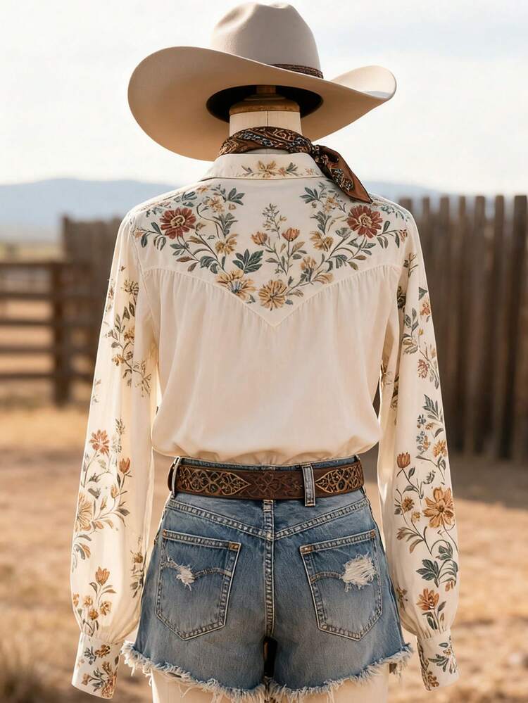 Whisplicity 大码女式复古波西米亚风印花长袖衬衫，春夏休闲波西米亚风女式上衣 - 杏色 - 查看 5