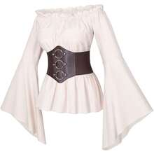 Womens Renaissance Victorian Peasant Ruffle Smocked Waist Boho Pirate Shirt Blouse With Belt Set{"Size_name":"Medium","Color_name":"Beige"} - 淺褐色的 - 查看 1