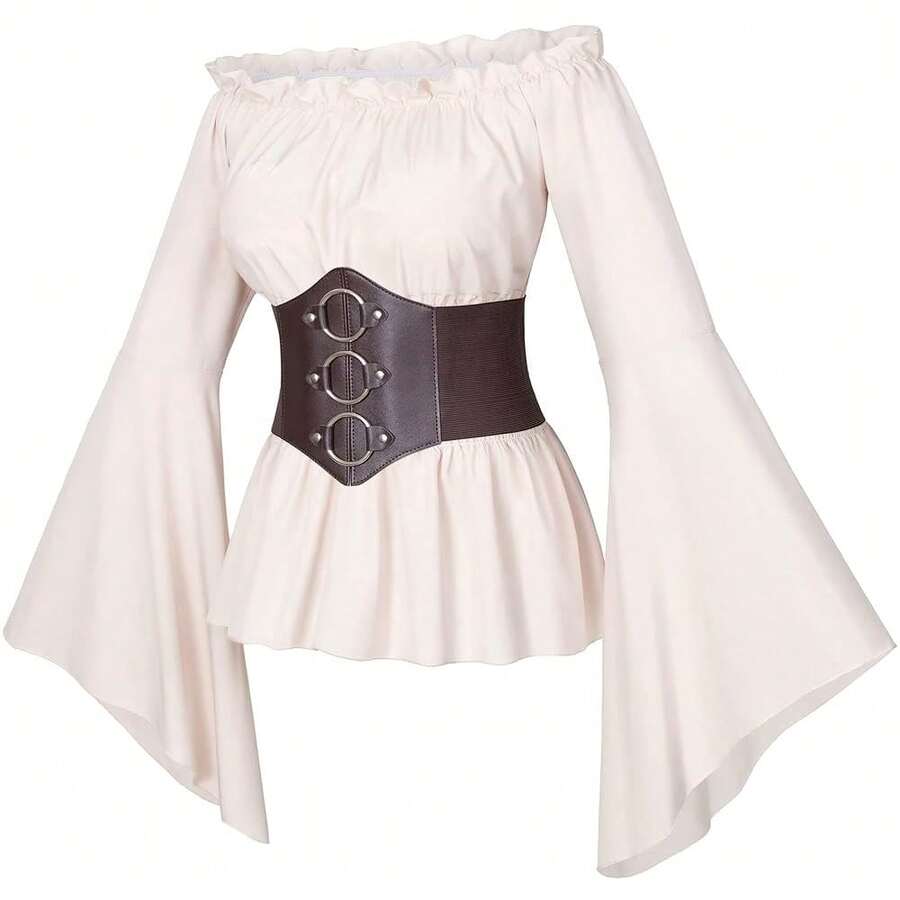 Womens Renaissance Victorian Peasant Ruffle Smocked Waist Boho Pirate Shirt Blouse With Belt Set{"Size_name":"Medium","Color_name":"Beige"} - 淺褐色的 - 查看 1