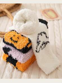 4 pares de calcetines de forro polar doble cara cálidos para niños, calcetines de media caña con temas de Halloween y Navidad, aptos para otoño/invierno - Multicolor - Ver 2