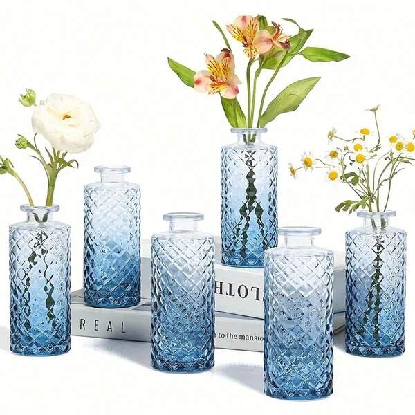 1/3/6 Pcs Elegant Blue Glass Vase Set - Diamond Cut Design, Suitable For Refined Dining Table Centerpiece, Perfect For Weddings, Parties, Birthdays - Ideal Home And Housewarming Gift, Vase