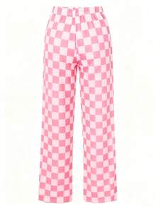 加大码粉色格子阔腿裤，带口袋，弹力针织面料，春季款 - 粉色 - 查看 4