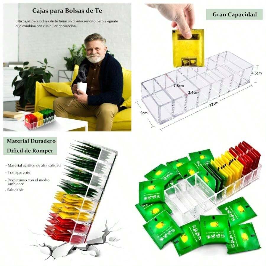 Caja para T con 8 Compartimentos con Tapa Abatible, Organizador de Te para Infusiones, Bolsas de T, Sobres de Caf y Azcar, Porta Te de Acrilico para Nevera, Armario, Despensa, Encimeras de Cocina - sin tapa - Ver 1