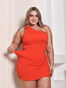 Conjunto Feminino plus Size Cropped e Short Saia Festa Sensual Malhado Enrugado Lycra - Laranja - Visão 3