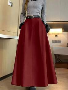 Solid Color High Waist Skirt With Pockets On Both Sides And Wide Hem - 酒紅色 - 查看 2